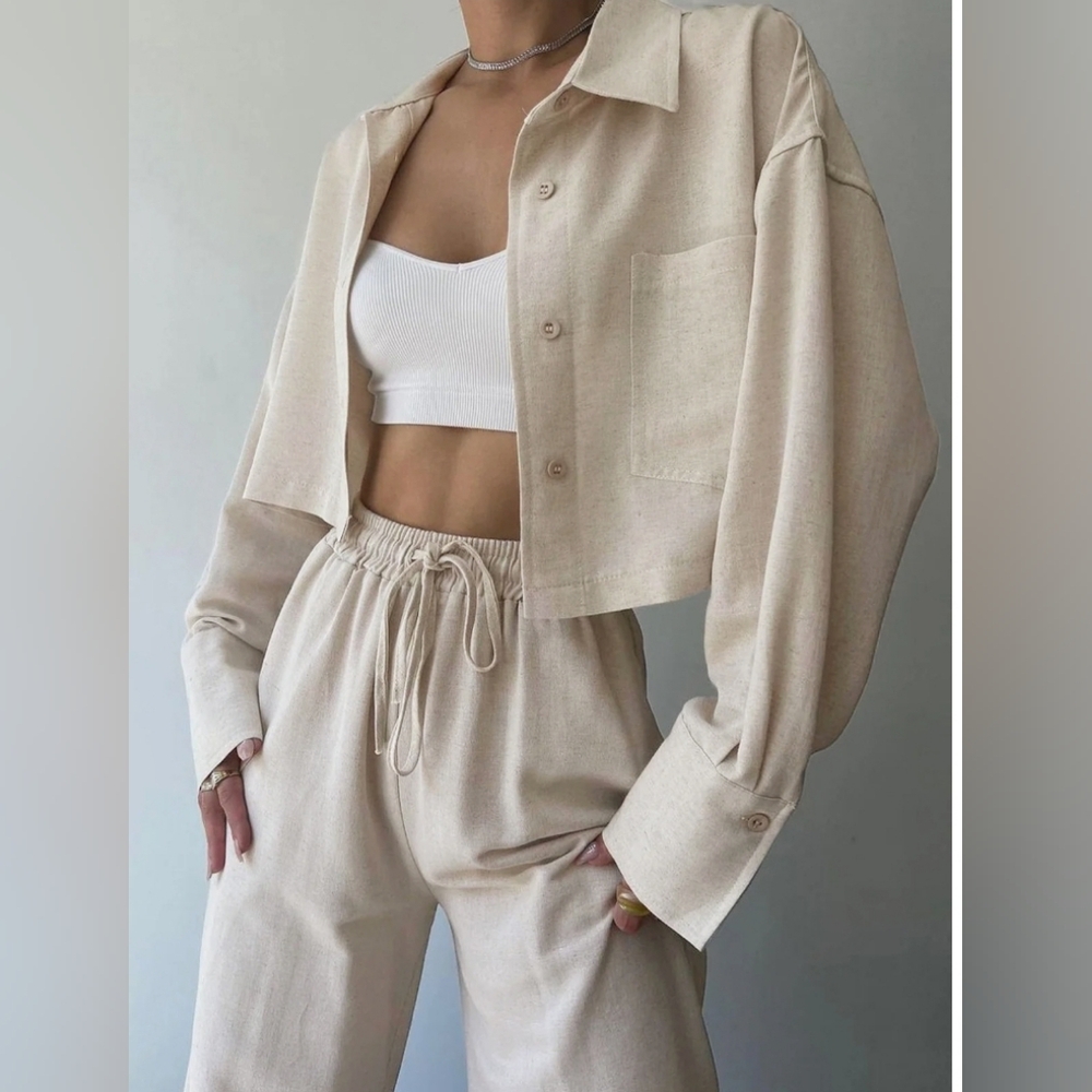 Collared Drawstring Two Piece Pants Set - Picture 10 of 15